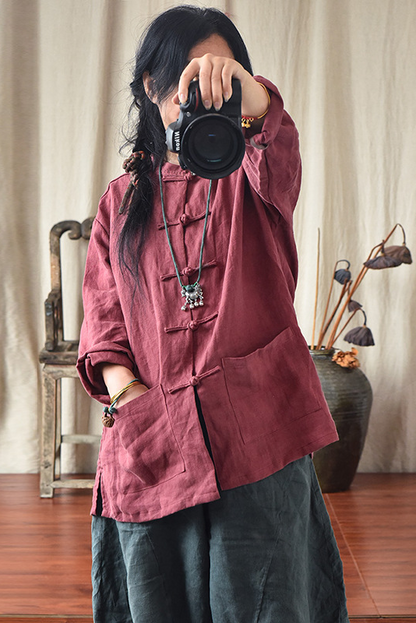 Fall Cotton Linen Buckle Coat