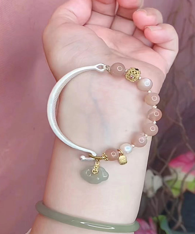 Pink Sterling Silver Inlaid Jade Auspicious Clouds Charm Bracelet