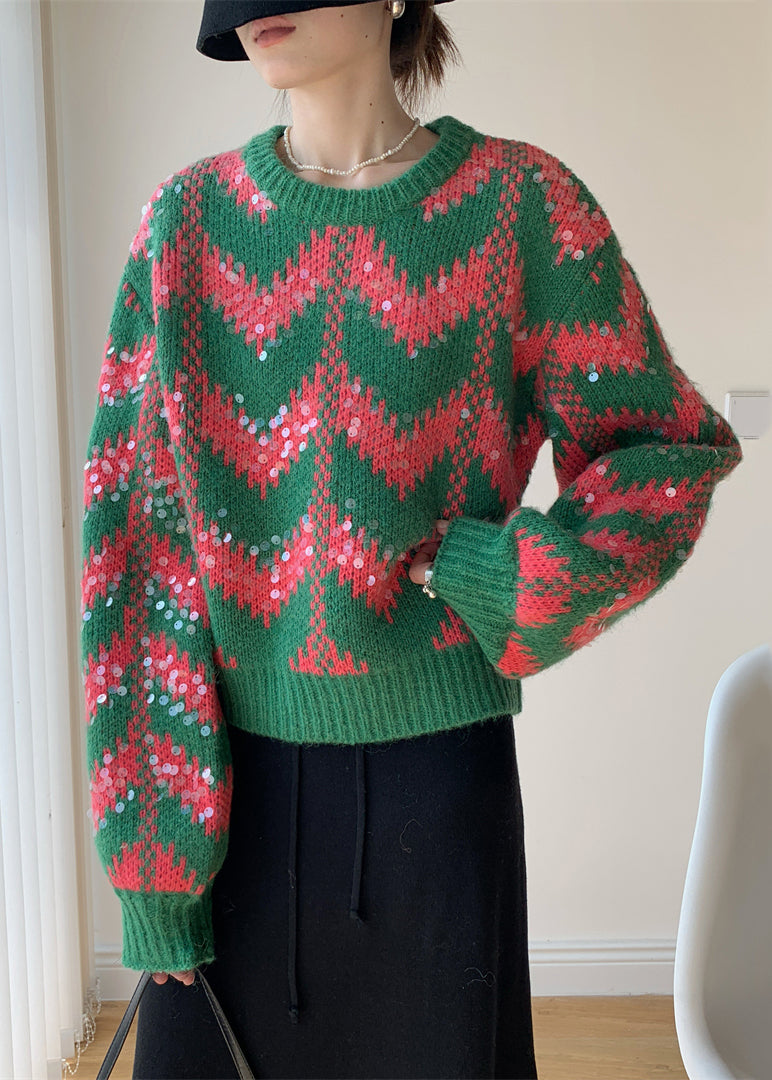 Green O Neck Sequins Patchwork Knit Sweaters Winter
