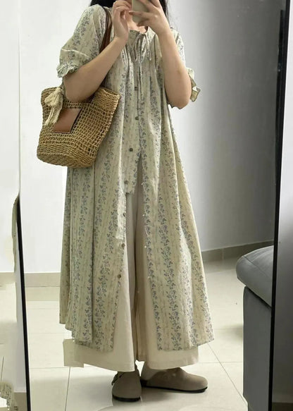 Light Green Print Button Long Dress and Skirts Two Piece Set Short Sleeve