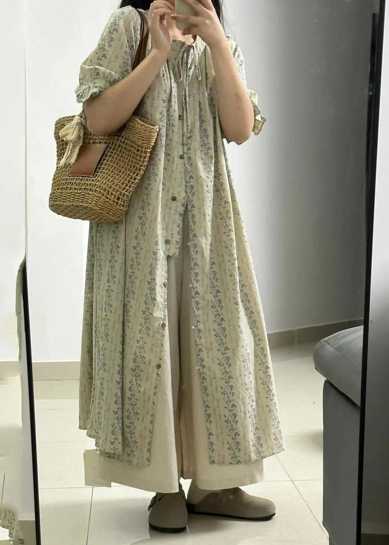 Light Green Print Button Long Dress and Skirts Two Piece Set Short Sleeve