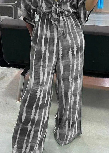 New Green V Neck Print Lace Up Cotton Jumpsuits Summer