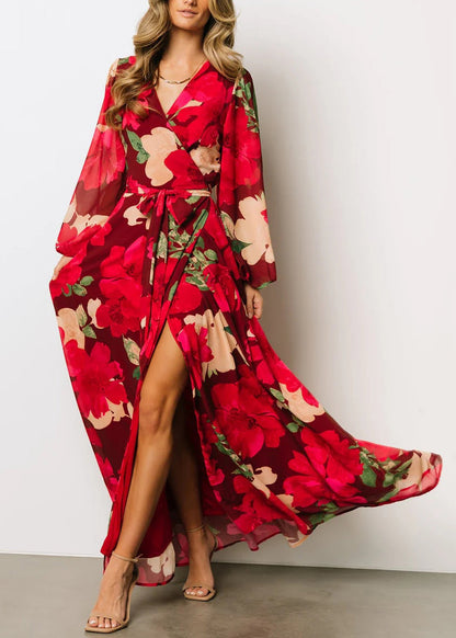 Red Print Side Open Cotton Maxi Dresses Fall