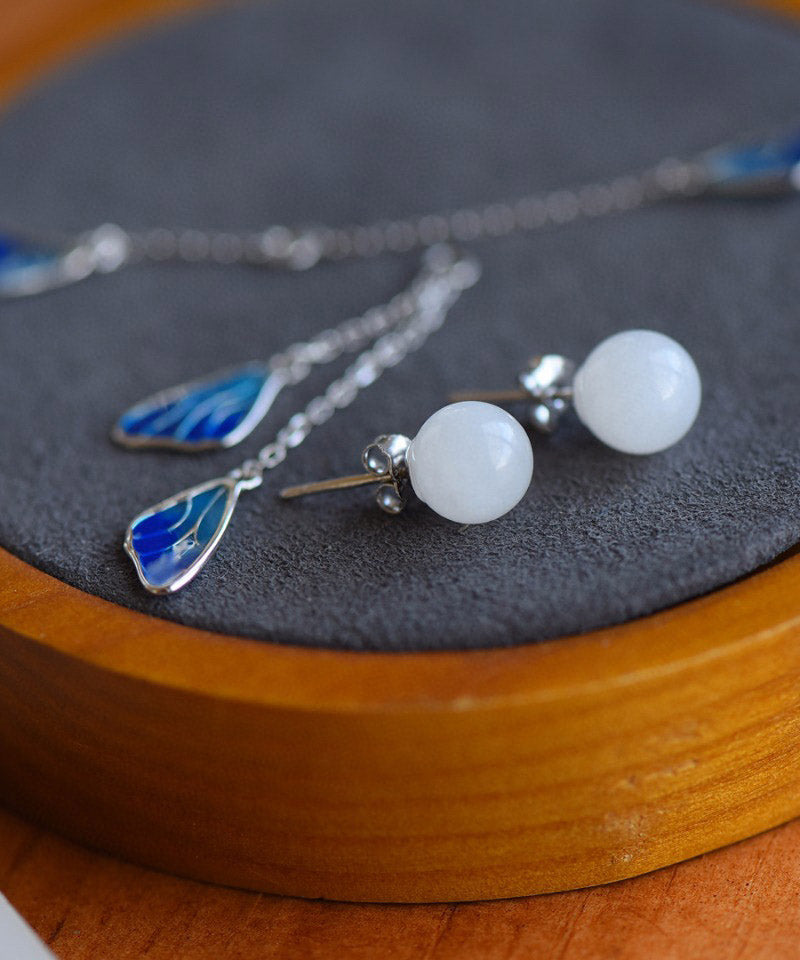 White Sterling Silver Inlaid Jade Enamel Tassel Drop Earrings