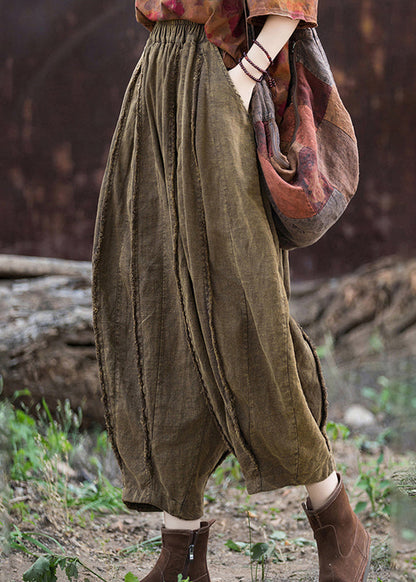 Coffee Pockets Patchwork Linen Crop Pants Summer