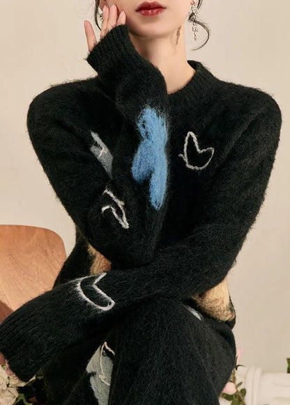 Simple Black Stand Collar Print Butterfly Cozy Cotton Knit Sweater Tops Spring