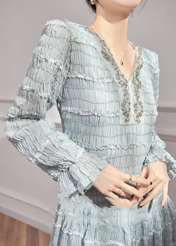 Blue V Neck Ruffled Patchwork Sequins Chiffon Mid Dress Flare Sleeve