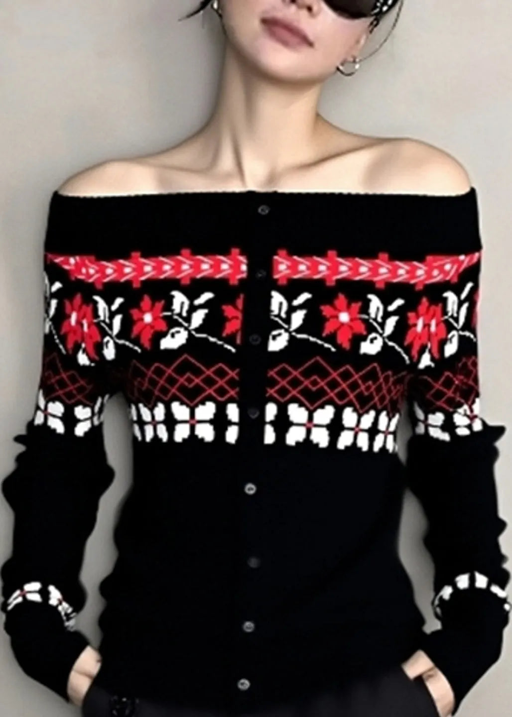 Black Cold Shoulder Jacquard Knit Tops Winter