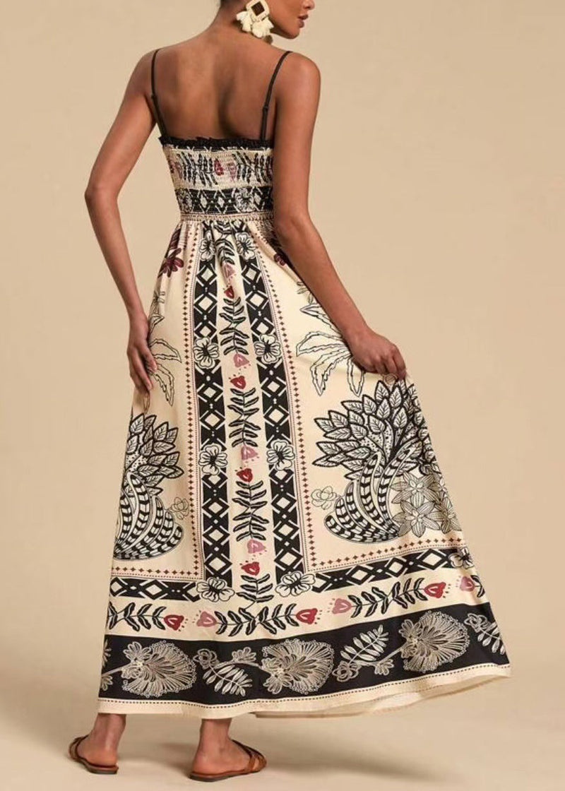 Classy White Print Cotton Spaghetti Strap Dress Summer