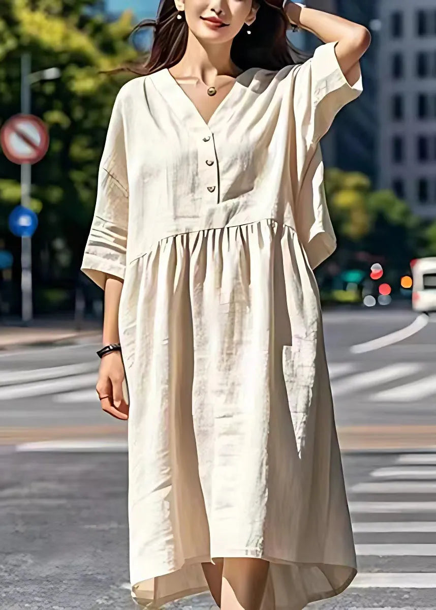 Beige V Neck Wrinkled Patchwork Linen Dresses Summer