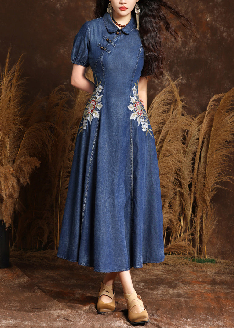 Navy Peter Pan Collar Embroidered Button Denim Maxi Dresses Summer