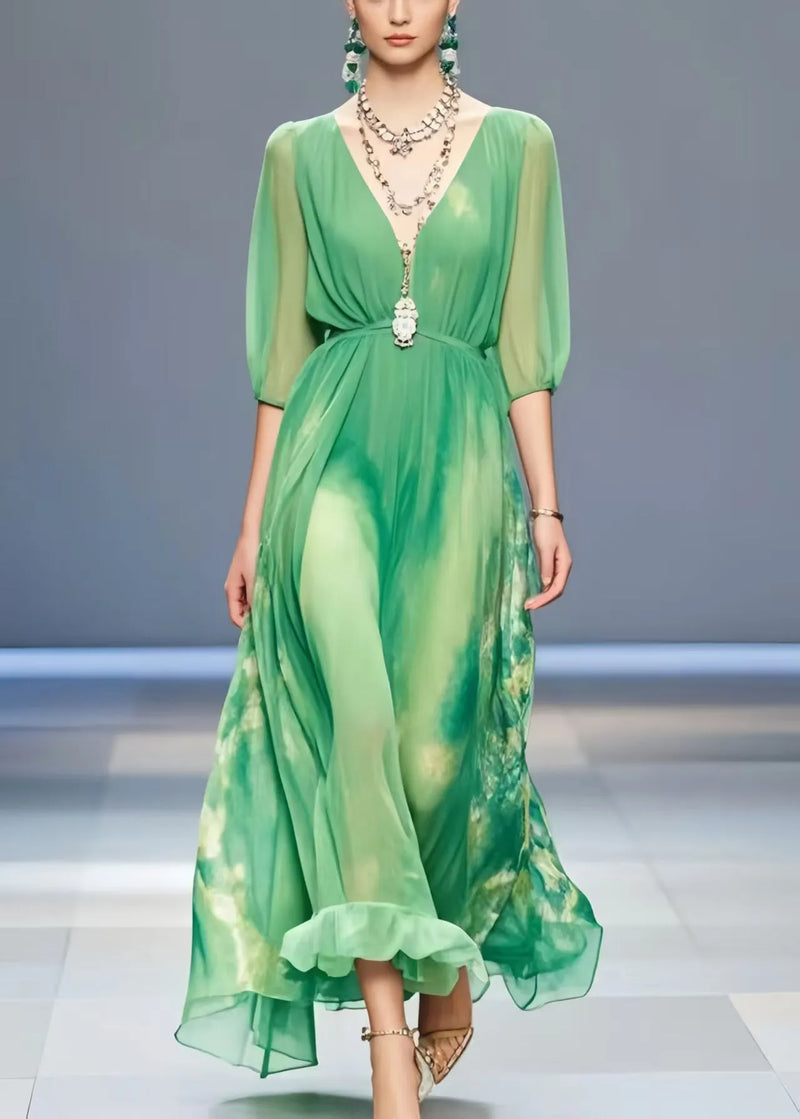 Lake Green Tie Dye Chiffon Long Dress Summer