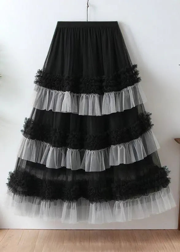 Loose Black Ruffled Elastic Waist Tulle Skirts Summer