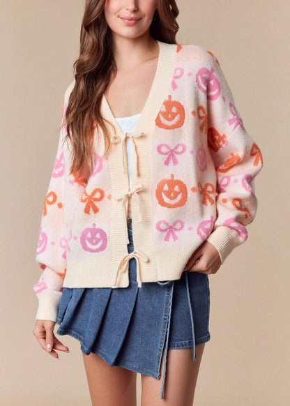 New Pink V Neck Jacquard Lace Up Knit Cardigans Fall