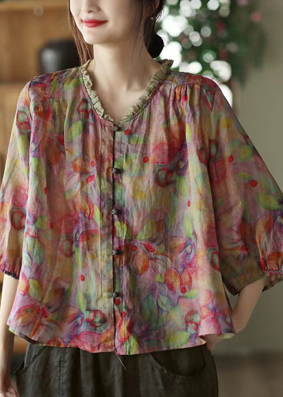 Pink-print3 V Neck Ruffled Print Linen Blouse Top Half Sleeve