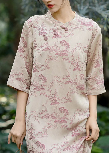 Chinese Style Green Stand Collar Jacquard Cotton Dresses Summer