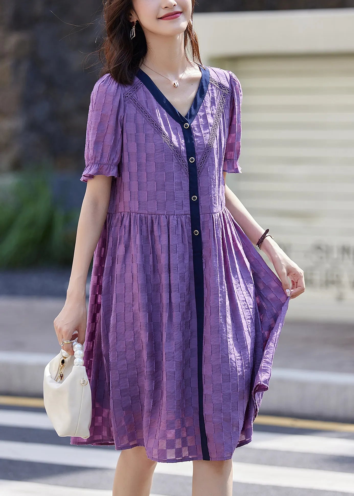 Purple V Neck Plaid Patchwork Cotton Dresses Summer