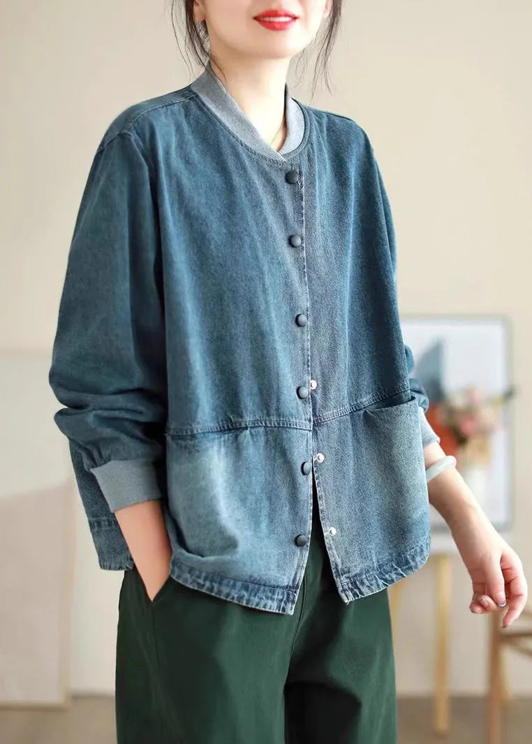 Blue Pockets Button Denim Coat Spring