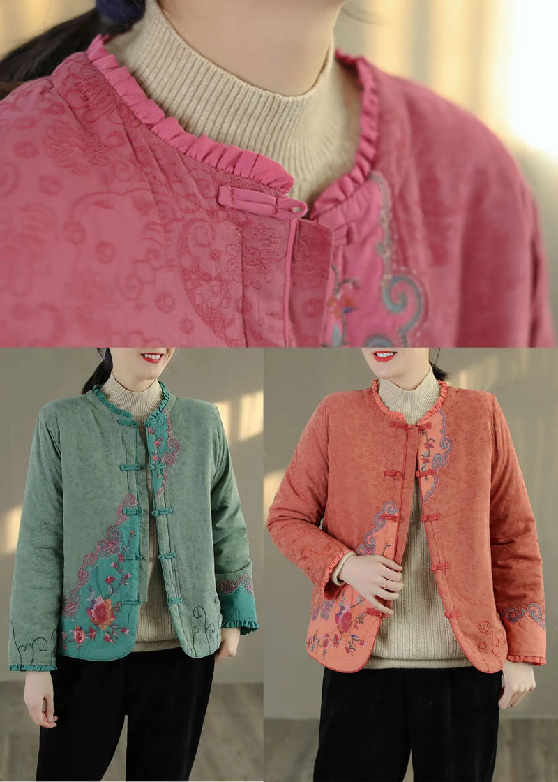 Handmade Orange Embroidered Patchwork Fine Cotton Filled Coat Outwear Spring