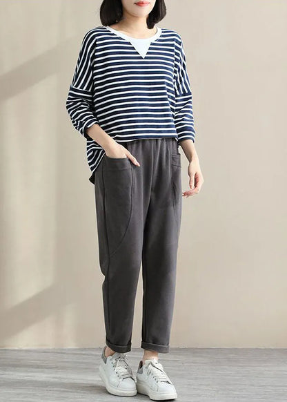Grey High Waist Pockets Cotton Crop Pants Spring