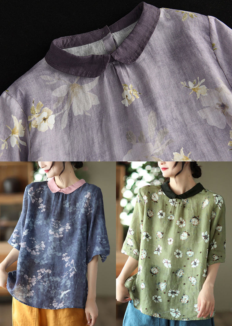 Light Purple Peter Pan Collar Print Linen Shirts Short Sleeve