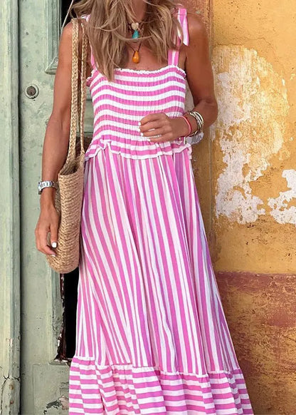 Stylish Pink Striped Ruffled Cotton Spaghetti Strap Dress Summer