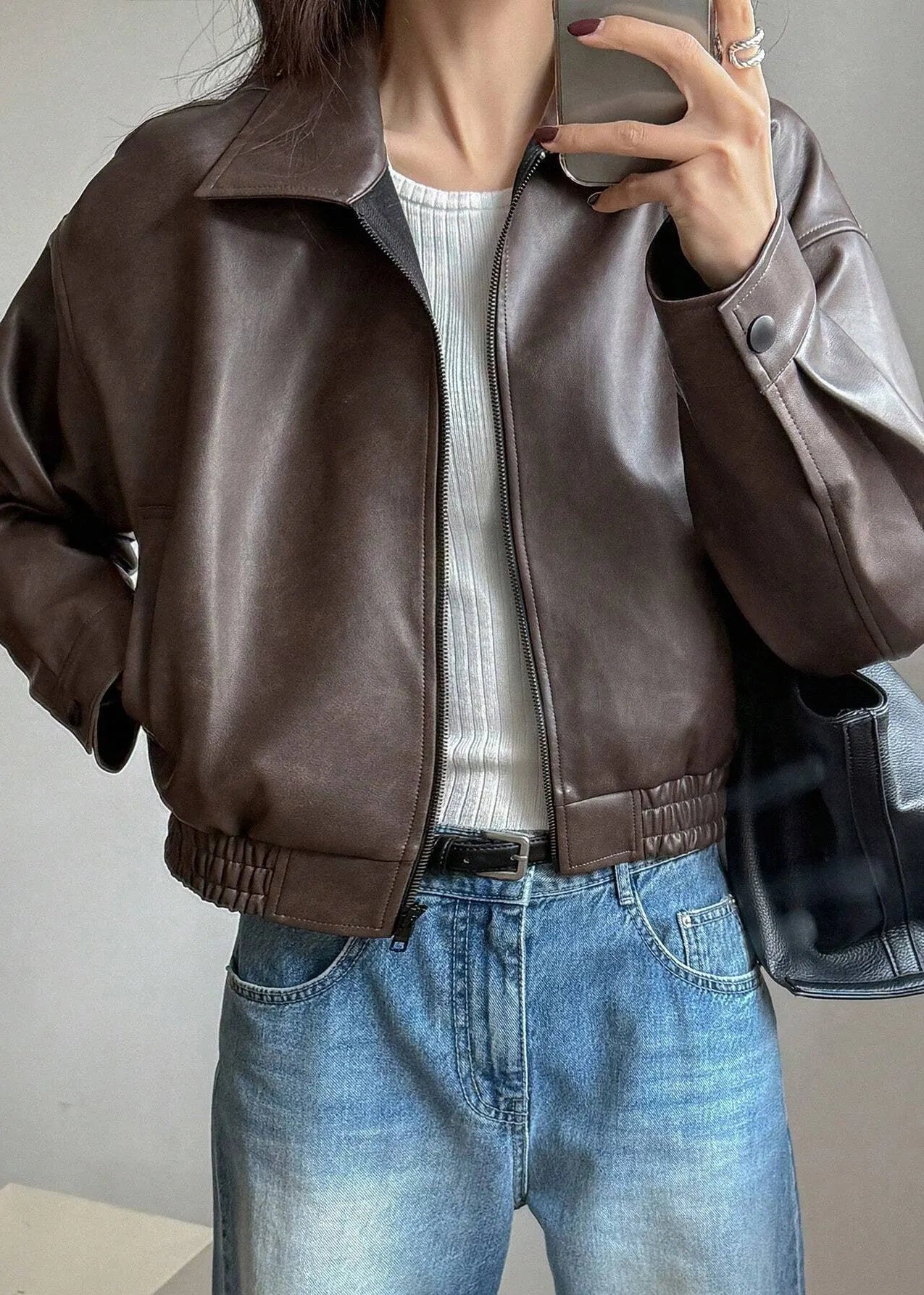 Fitted Brown Zip Up Pockets Faux Leather Coat Outwear Fall