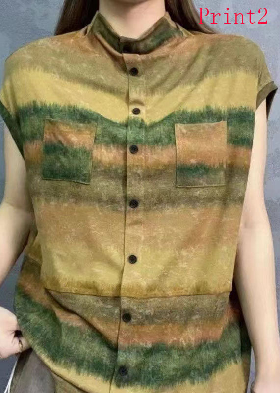 New Standing Collar Print Tie Dyed Short Sleeved Tops