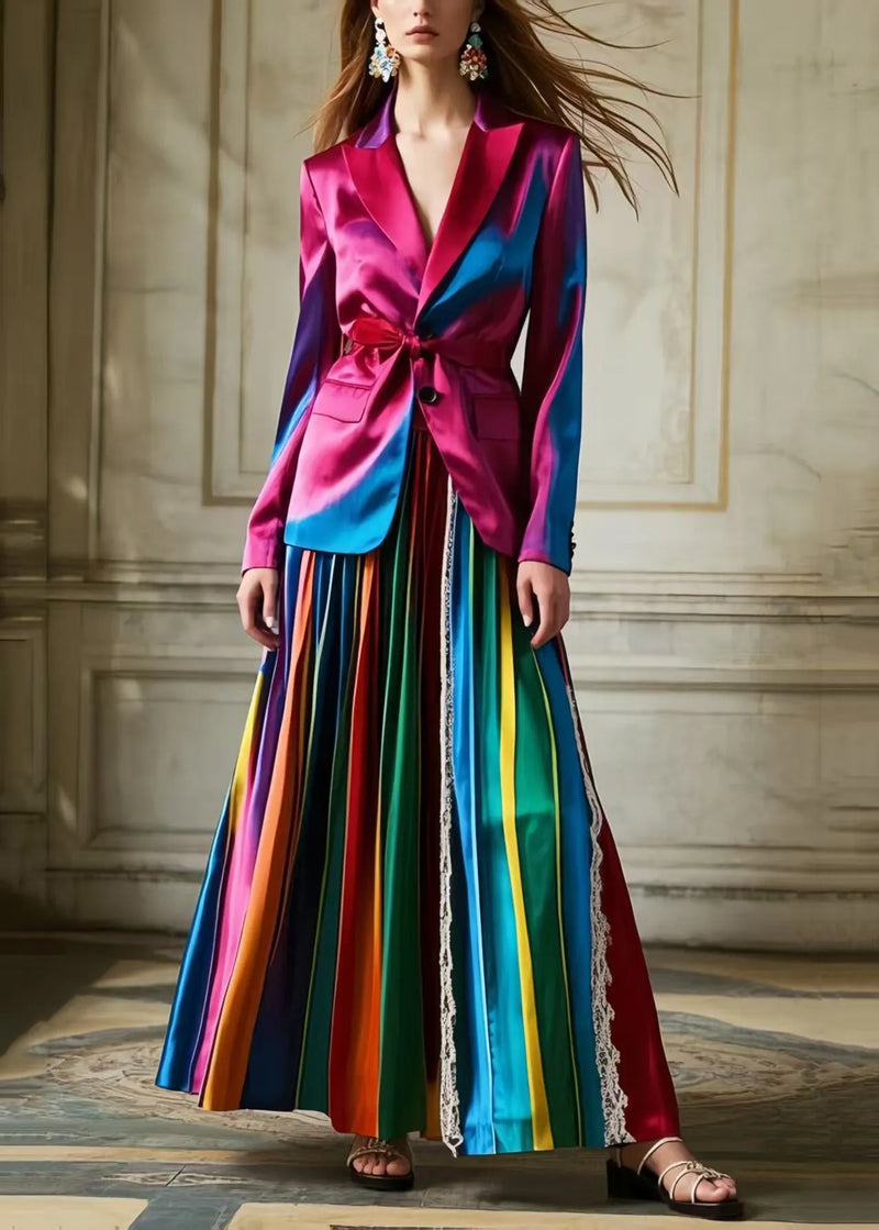 Polychrome Striped Patchwork Lace Silk Pleated Skirt Spring