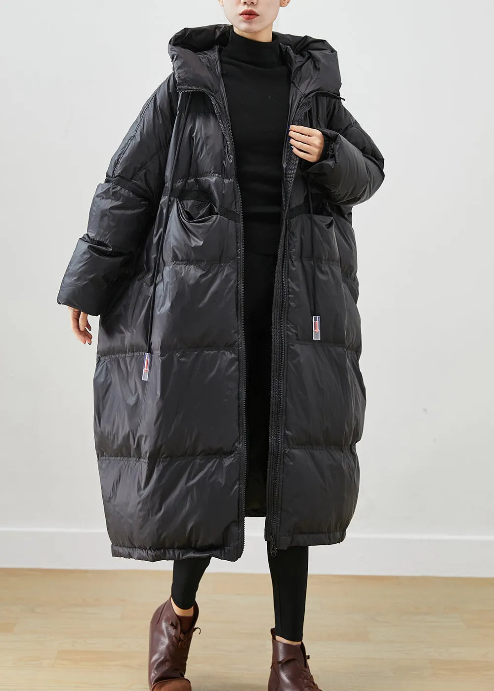 French Black Oversized Drawstring Duck Down Jacket in Winter