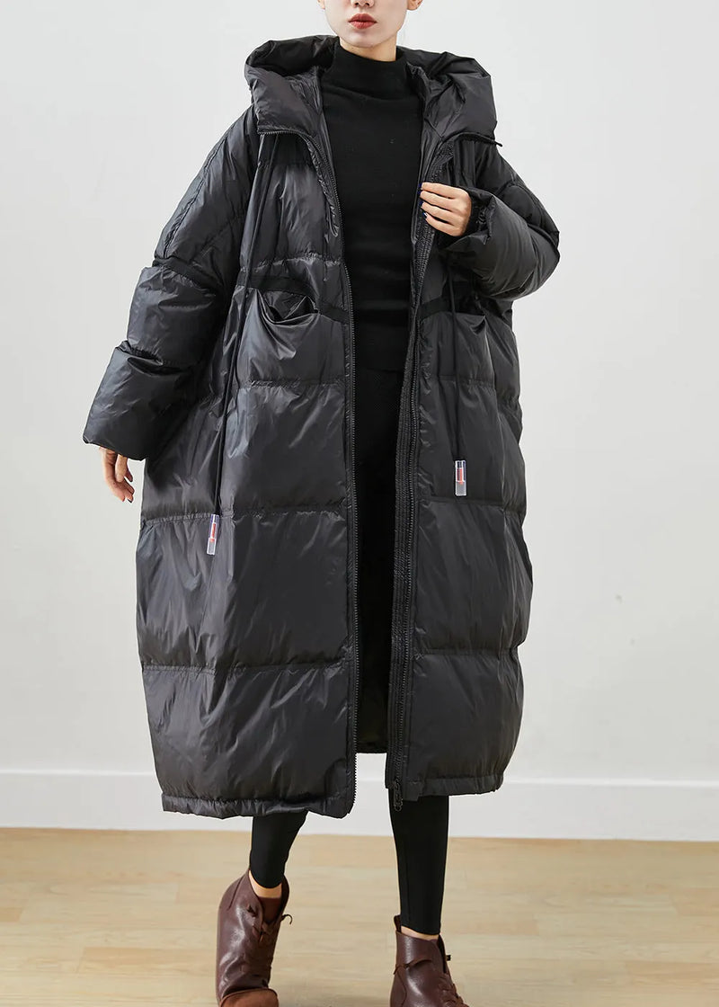 French Black Oversized Drawstring Duck Down Jacket in Winter