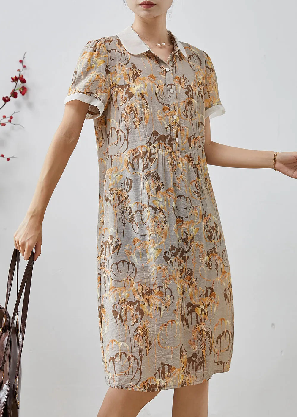 Diy Khaki Peter Pan Collar Print Cotton Shirt Dresses Summer