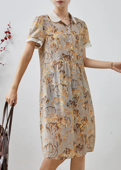 Diy Khaki Peter Pan Collar Print Cotton Shirt Dresses Summer