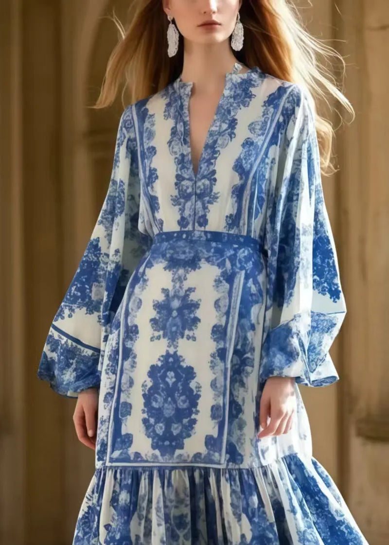 Organic Blue Print Exra Large Hem Silk Long Dresses Spring