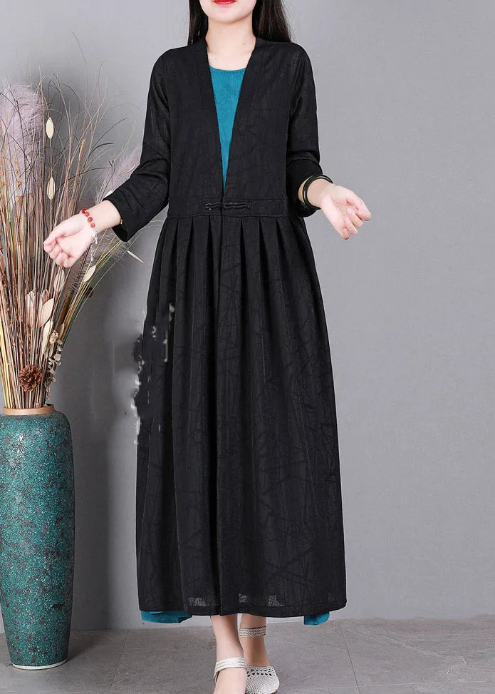 Black V Neck Cinched Linen Cardigans Long Sleeve