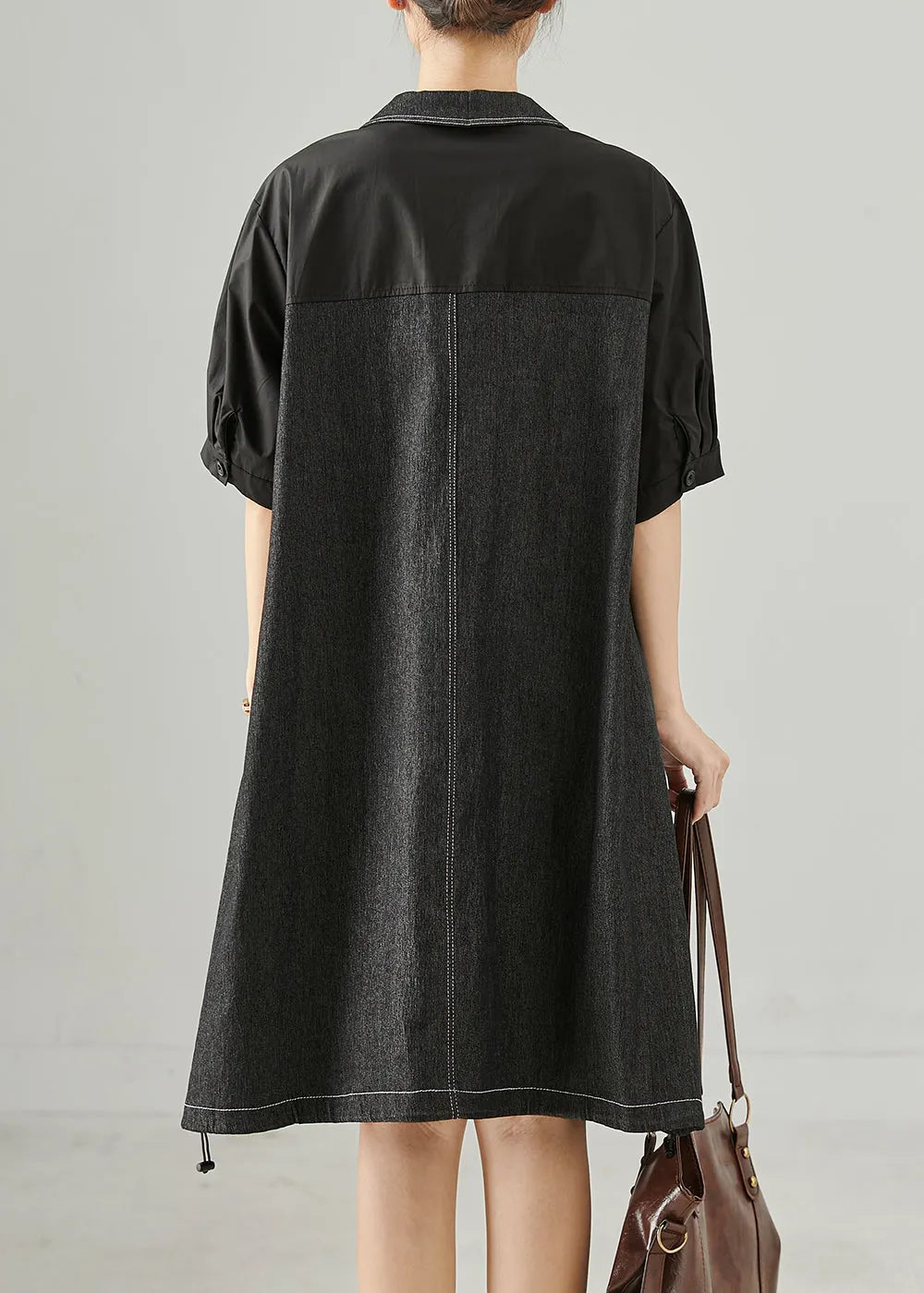 Black Oversized Patchwork Cotton Mid Dress Summer