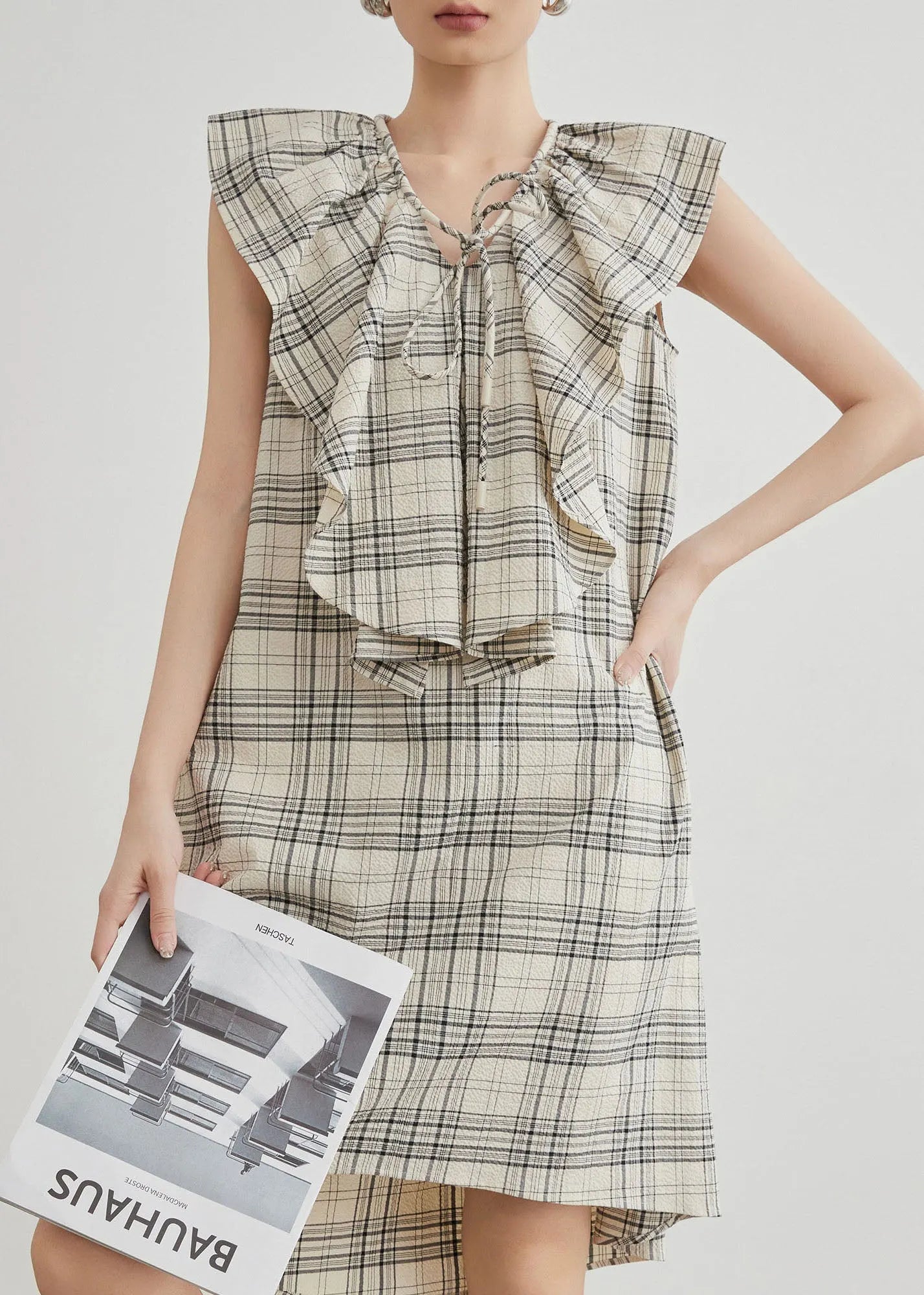 Apricot Ruffled Plaid Cotton Mid Dresses Summer