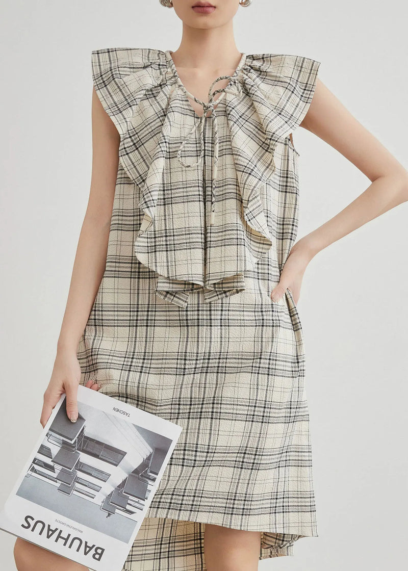 Apricot Ruffled Plaid Cotton Mid Dresses Summer