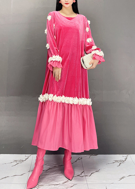 Boutique Red O-neck Embroidered Silk Velvet Long Dresses Fall