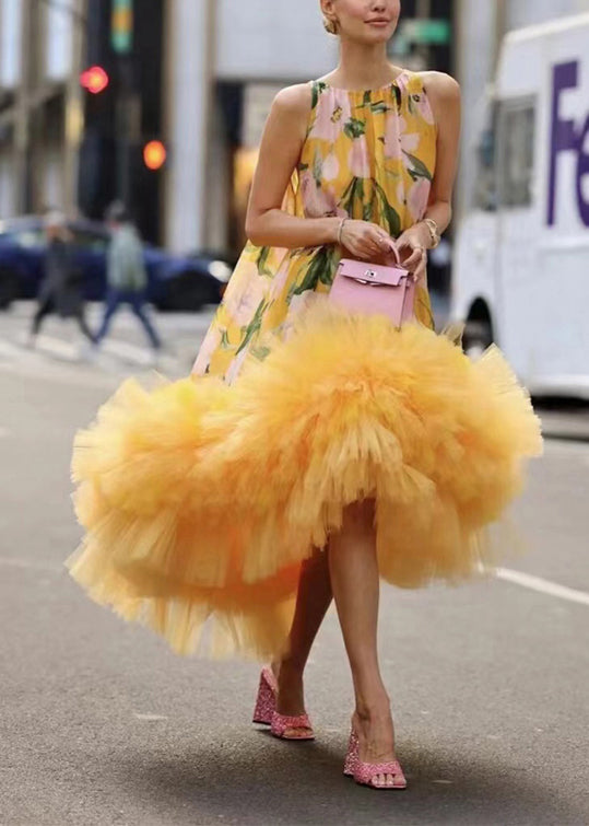 Yellow Print Exra Large Hem Party Dress Sleeveless