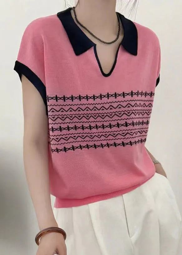 White Peter Pan Collar Print Knit Top Summer