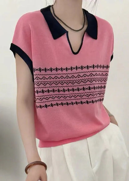 White Peter Pan Collar Print Knit Top Summer