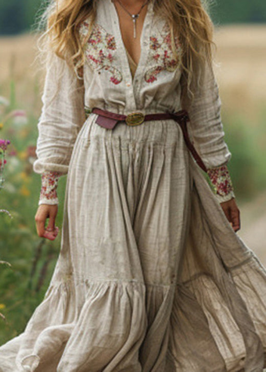 Beige V Neck Print Patchwork Cotton Long Dress Fall