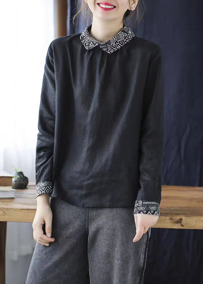 White Peter Pan Collar Patchwork Linen Blouse Tops Spring