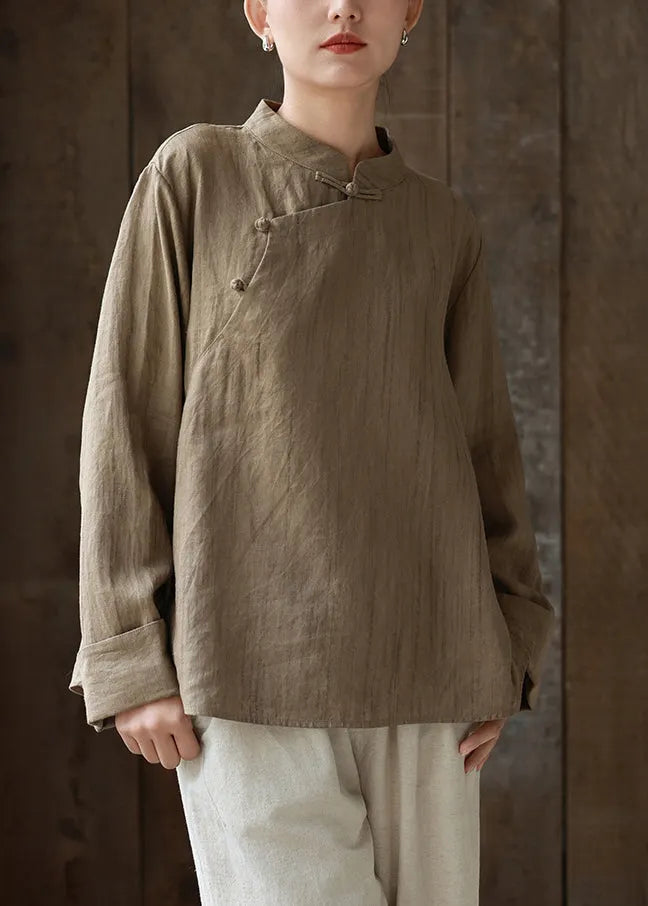 Chinese Style Khaki Stand Collar Patchwork Linen Shirts Spring