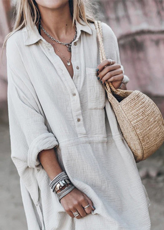 White Peter Pan Collar Drawstring Cotton Shirts Dresses Spring