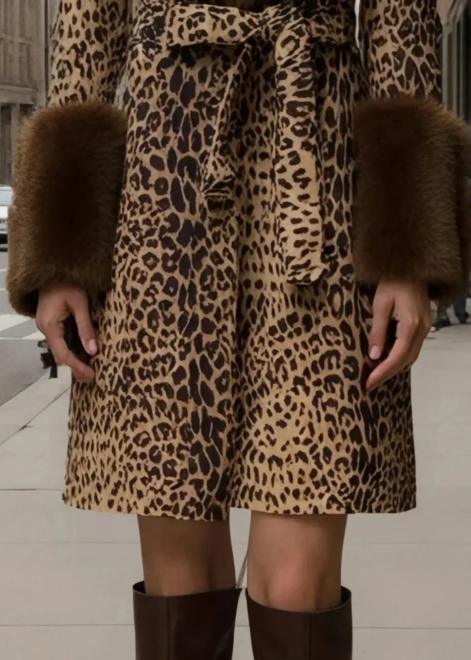 New Leopard Peter Pan Collar Lace Up Fuzzy Fur Fluffy Coat Fall
