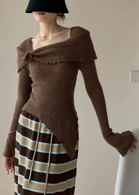 Coffee Knitting Cotton Sweater Square Collar Flare Sleeve