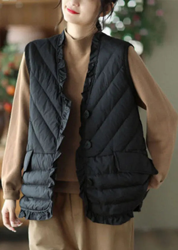 Black Ruffled Thick Duck Down Vest Tops Winter