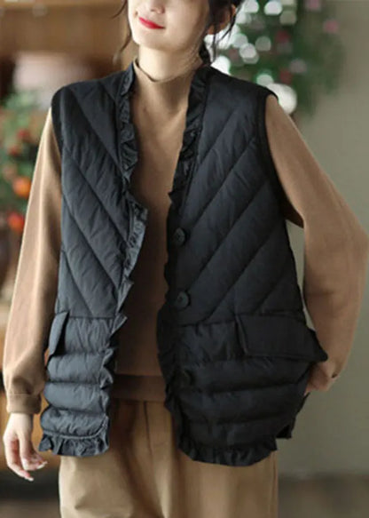 Black Ruffled Thick Duck Down Vest Tops Winter
